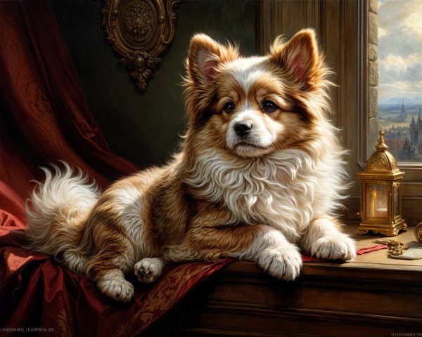 Fluffy Dog on Luxurious Windowsill with Scenic View