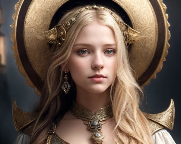 Young woman with blonde hair in golden headdress