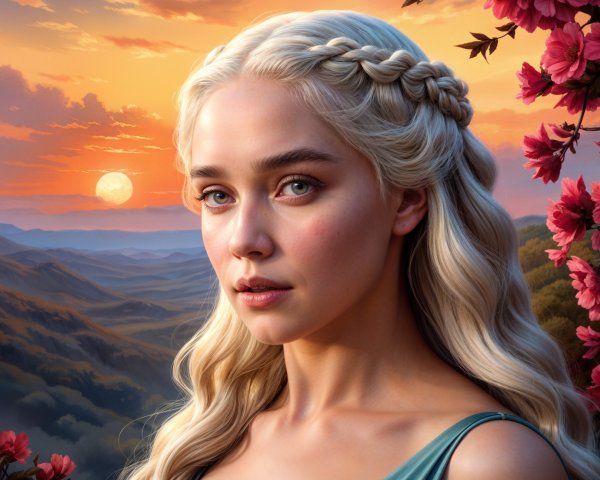 Young Woman with Braided Hair Against Sunset Backdrop