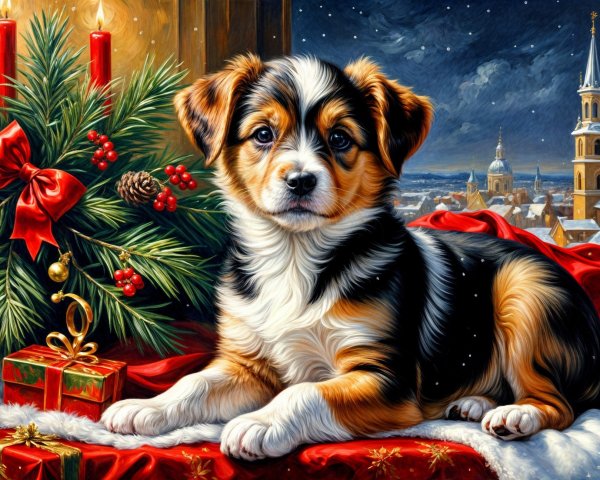 Tri-Color Puppy on Red Blanket with Holiday Decor