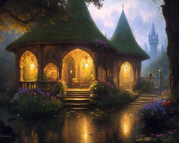 Quaint cottage with thatched roof amidst flowers, castle in misty backdrop