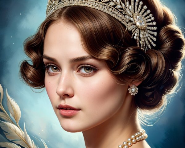 Elegant Young Woman with Tiara and Pearl Jewelry