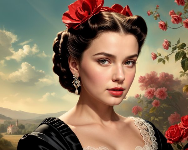 Young woman in black dress with roses in serene landscape