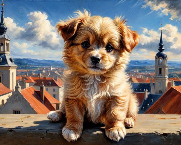 Fluffy Golden-Brown Puppy with Scenic Skyline Background