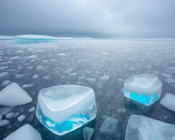 Wintry Landscape with Ice Chunks on Frozen Lake