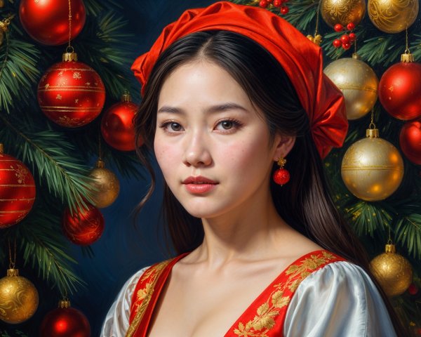 Young woman in festive dress with red headdress and ornaments