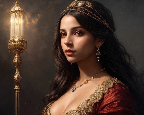 Regal Woman in Ornate Red Gown with Jewelry