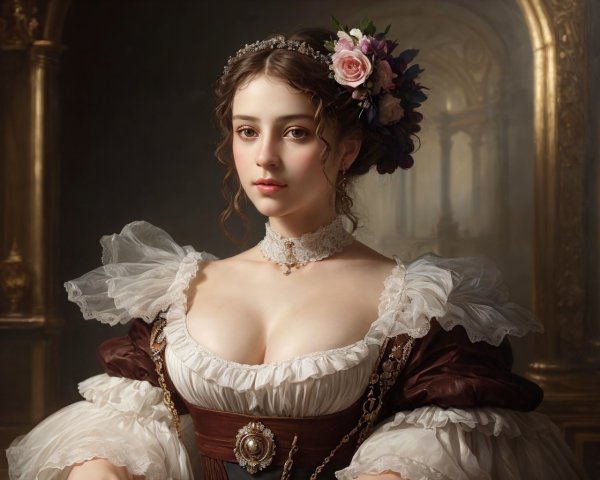 Young woman in historical dress with lace collar and flowers: Elegant aristocratic portrait