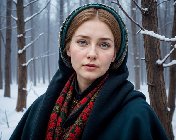 Young Woman in Cloak in Snowy Forest Setting