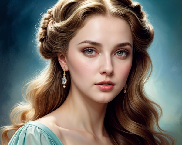 Portrait of a woman with green eyes and blue dress