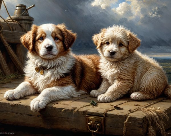 Puppies on a Wooden Platform in a Scenic Setting