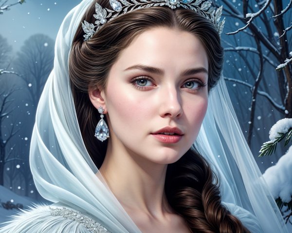 Young woman in winter landscape with tiara and cloak