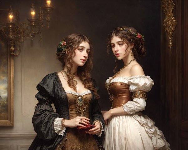 Women in Historical Dresses in Ornate Room Setting