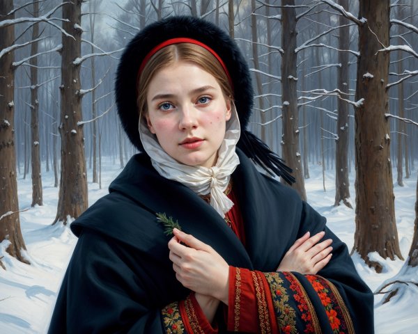 Young Woman in Winter Forest with Dark Cloak and Hat
