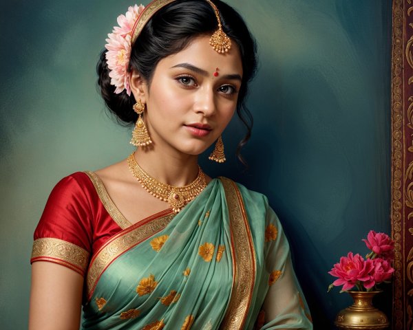 Elegant Saree Portrait with Floral Accessories and Jewelry