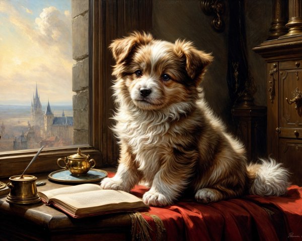 Fluffy Brown-and-White Puppy on Elegant Table Setting