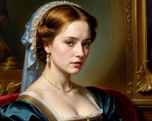 Young woman in teal dress with elegant features