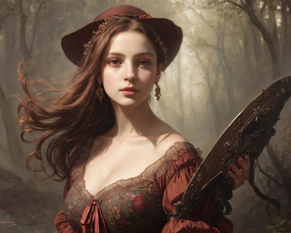 Woman in Hat and Dress Holding Mirror in Foggy Forest