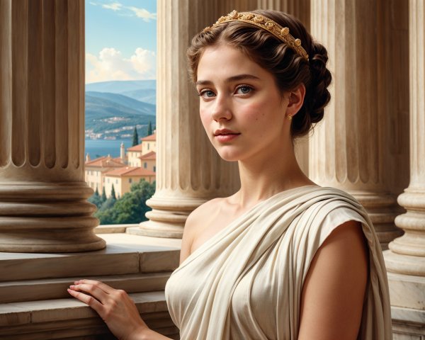 Young Woman in Classical Setting with Columns and Landscape