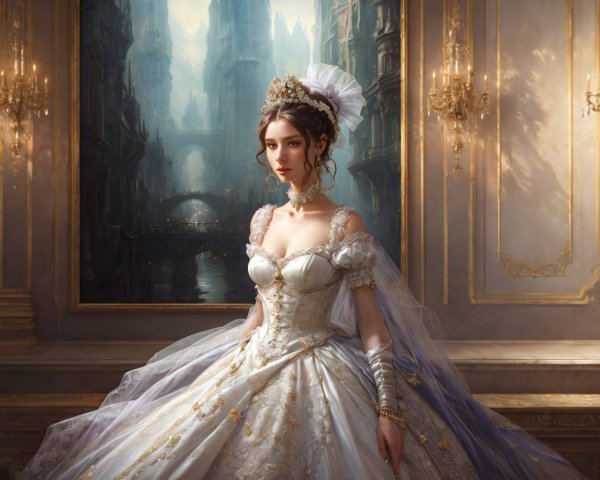 Elegant woman in ornate ball gown in grand room