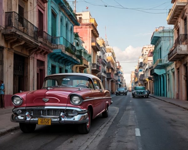 Vintage Red Car on Sunlit Street with Colorful Buildings