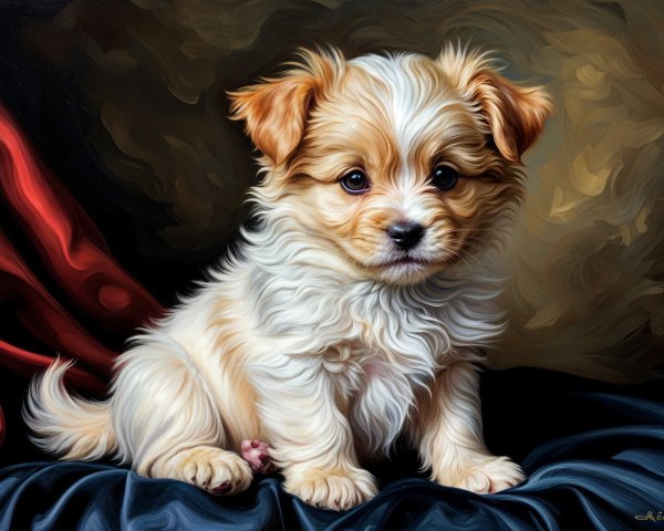 Fluffy Cream and Brown Puppy on Dark Blue Fabric