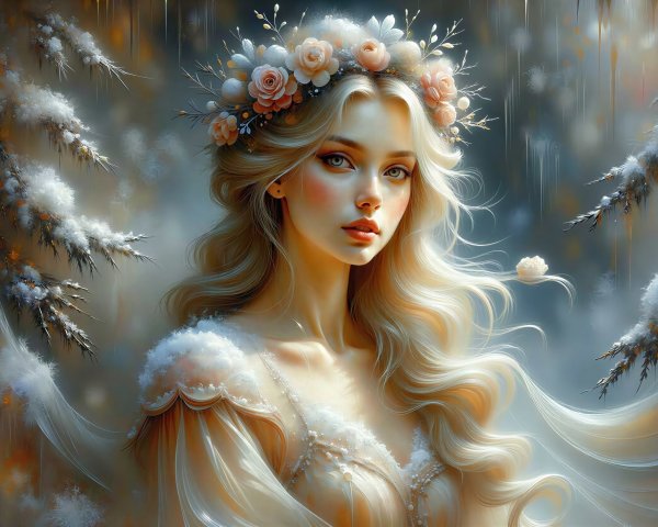 Blonde Woman in Flower Crown Against Winter Background