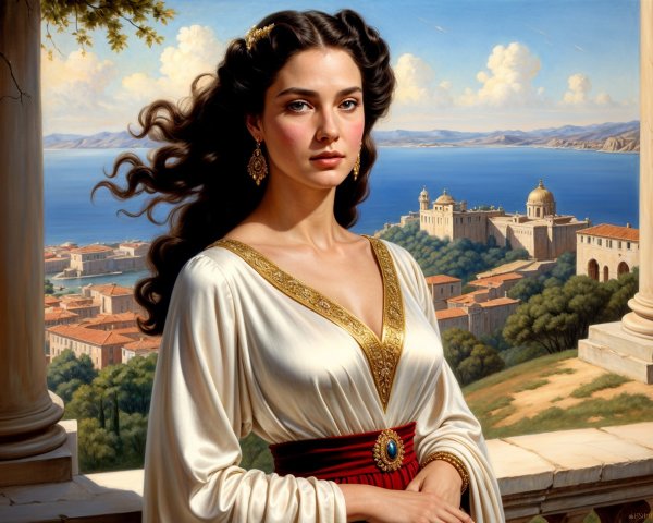 Regal Woman in White Dress by Coastal Landscape