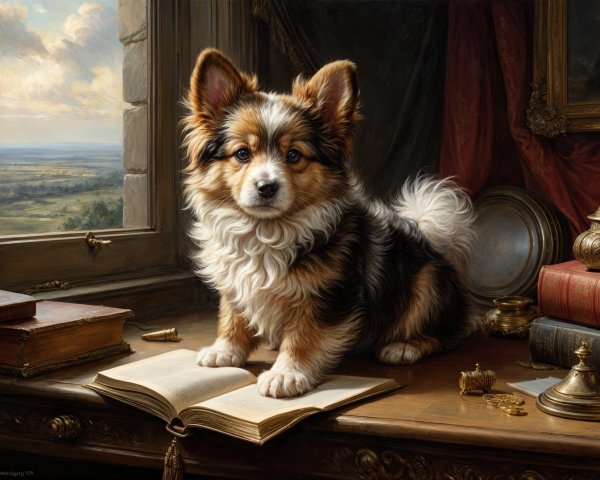 Fluffy Dog on Desk with Open Book and Scenic View