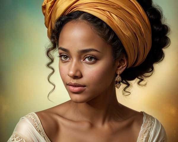 Young Woman with Golden-Orange Headwrap and Earrings