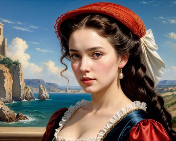 Young Woman in Elegant Dress Against Coastal Landscape