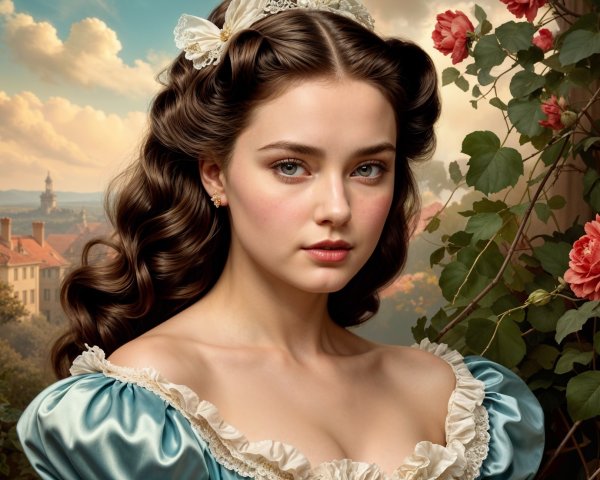Young woman in blue gown with dark curls and roses