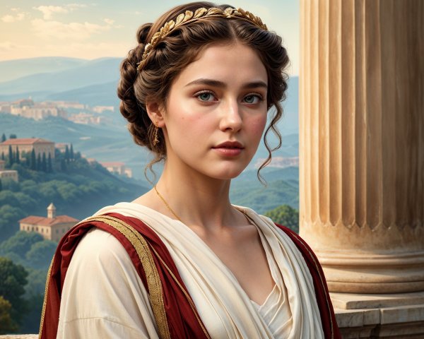 Young Woman in Elegant Robe with Laurel Crown