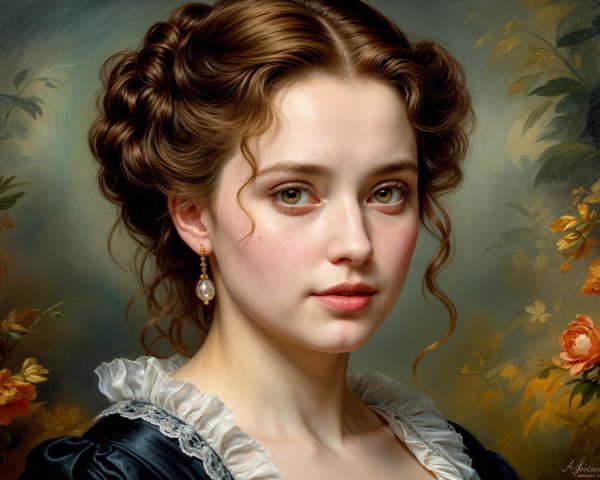 Young woman in black dress with green eyes and curls