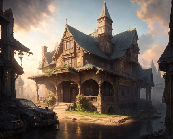 Old mansion with intricate architecture in misty landscape