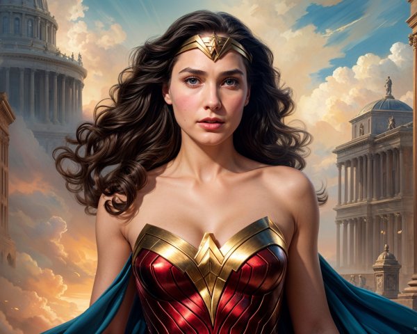 Heroic Figure in Red and Gold Costume with Cape