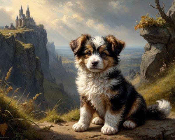 Fluffy Tri-Color Puppy on Rocky Ledge with Castle View