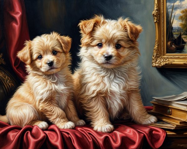 Puppies on Red Velvet Drape with Elegant Background