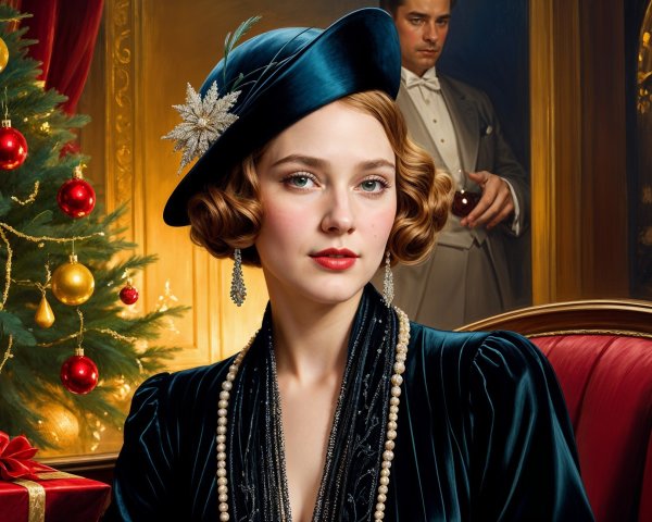 Glamorous Woman in Blue Velvet Dress at Festive Scene