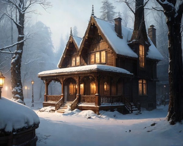 Illuminated Wooden Cabin in Snowy Twilight Scene