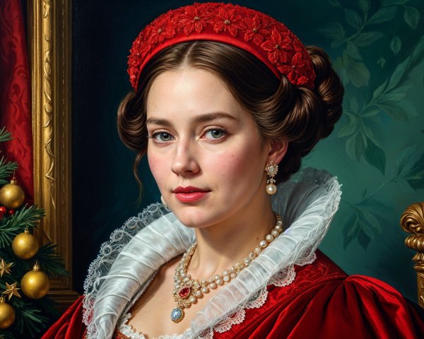Young Woman in Lavish Red Dress with Holiday Theme