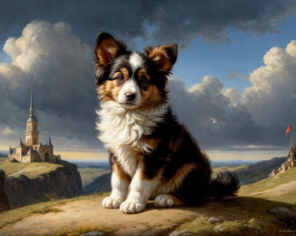 Fluffy Puppy in Scenic Landscape with Mountains and Castle