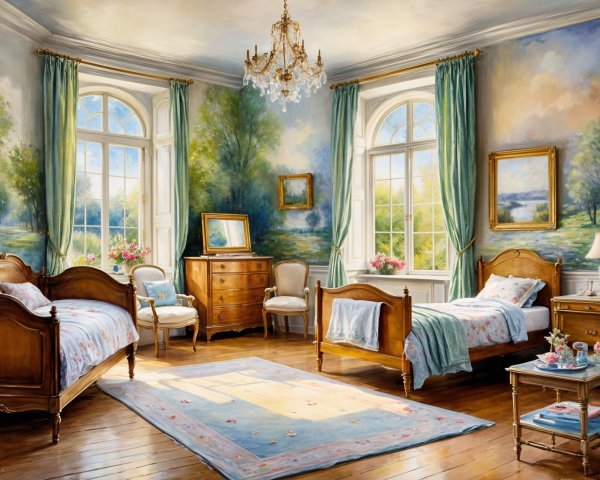 Elegant Bedroom with Twin Beds and Pastel Decor