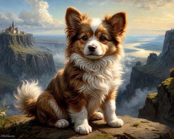 Fluffy Dog on Rocky Ledge Overlooking Scenic Landscape
