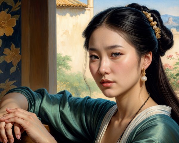 Elegant Woman in Green Garment by Window with Pearls