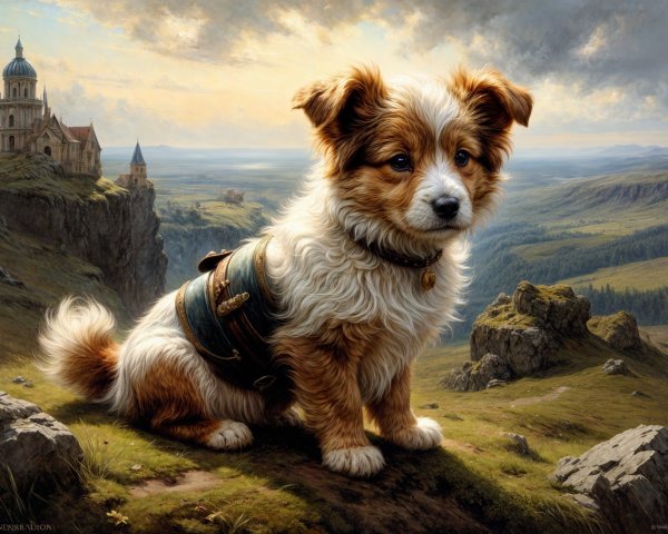 Dog on Rocky Ledge with Castle at Dusk