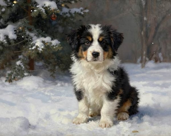 Fluffy Australian Shepherd Puppy in Snowy Landscape