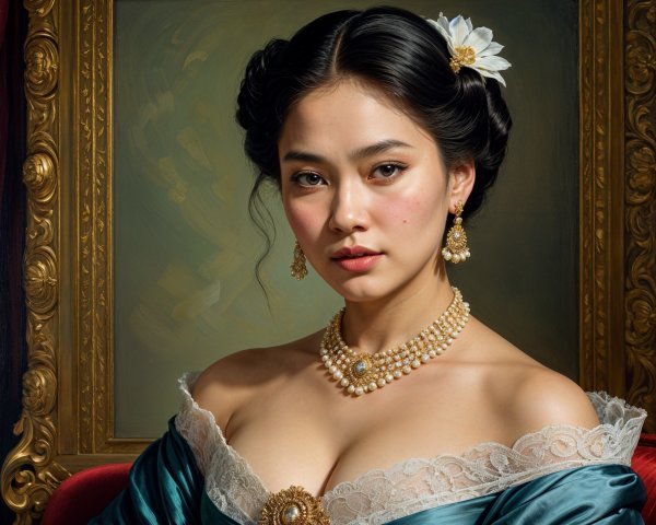 Elegant Portrait of a Woman in Teal Dress and Flowers