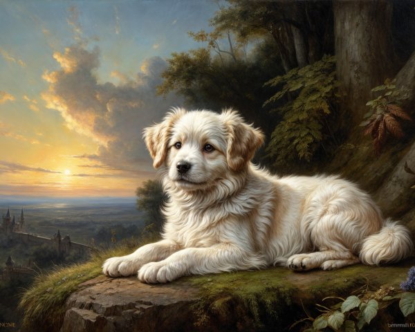 Fluffy Puppy on Stone Ledge at Sunset Landscape