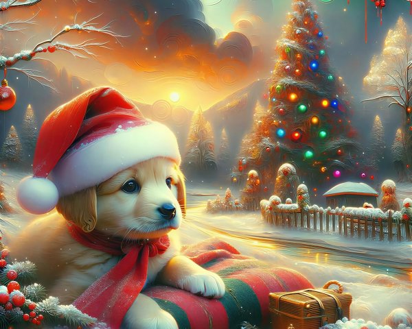 Golden Retriever Puppy in Festive Winter Scene
